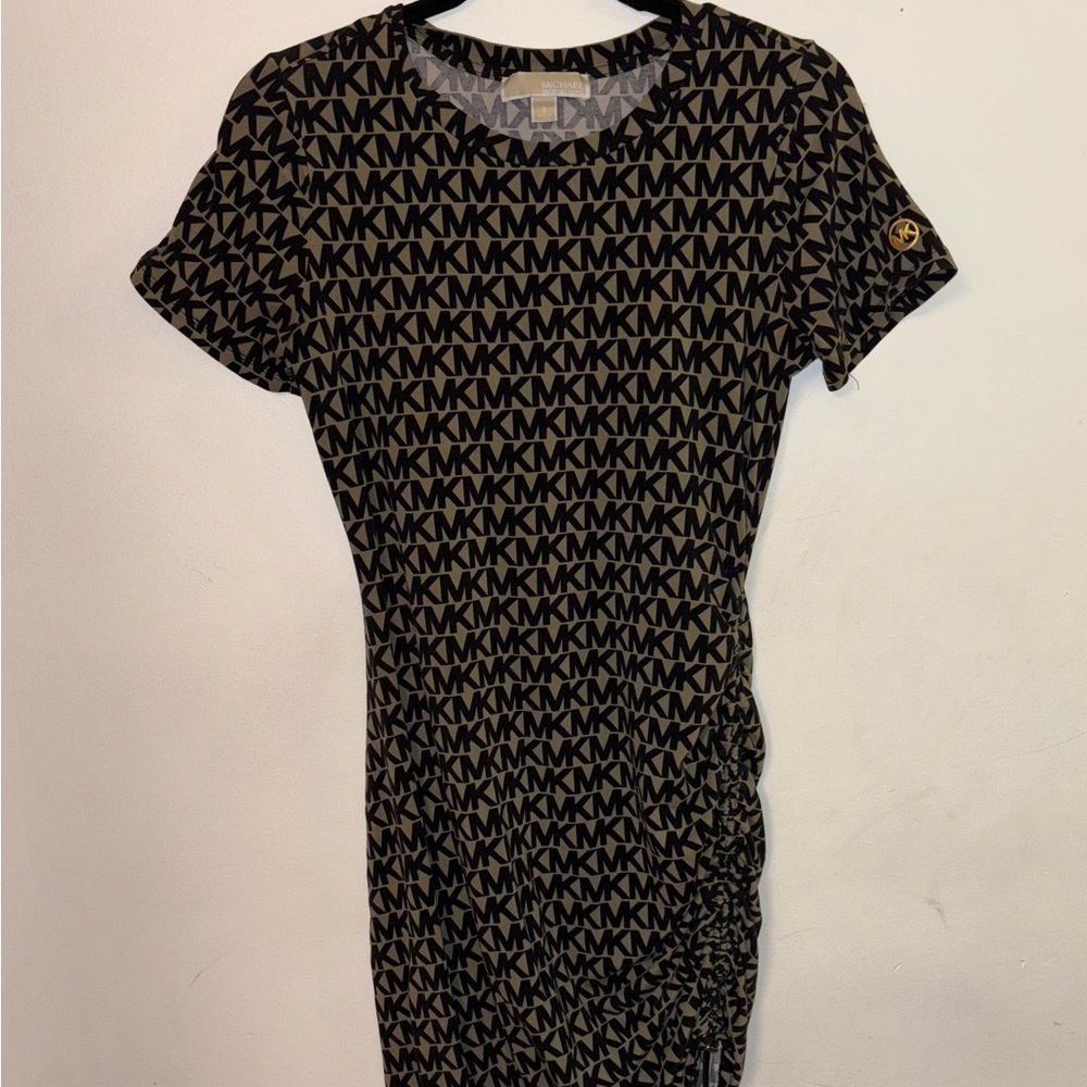 MICHAEL Michael Kors Signature MK Black and Olive Green Ruched Sheath Dress Sz S